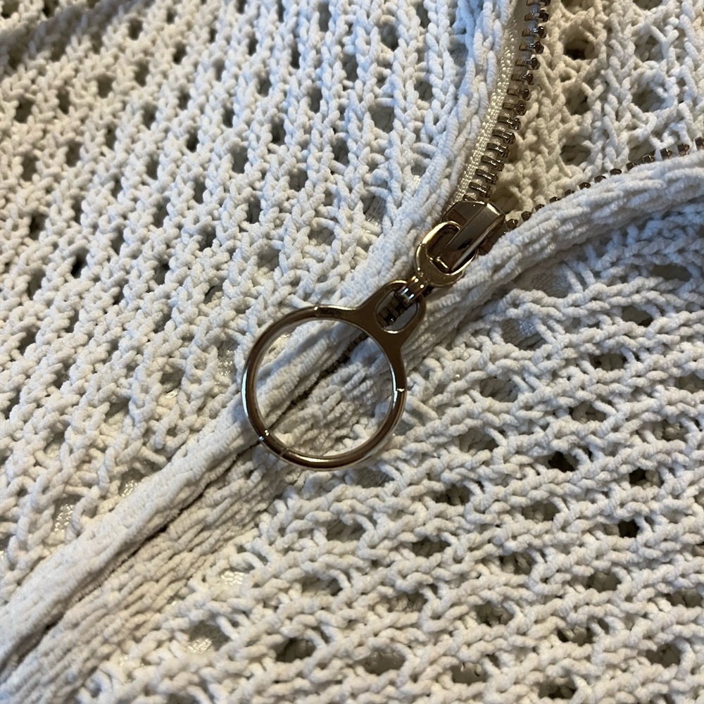 Nicole Miller Cream Zip Up Wide Knit Crochet Hooded Sweatshirt